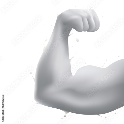 Milk liquid splash shaped as strong human arm muscle flexing bicep, healthy calcium power and dairy protein concept, isolated 3d illustration