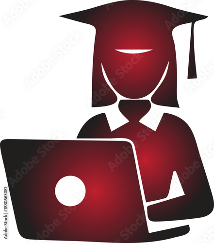 Stylized vector illustration of a graduate or student wearing an academic cap and gown, diligently working on a laptop computer, symbolizing digital education, online learning