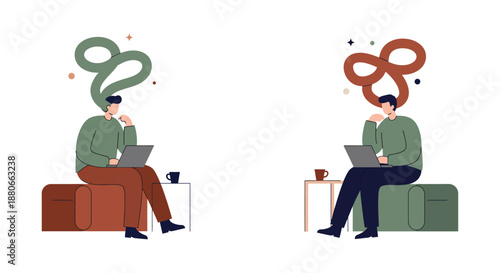 abstract problem solving and deep thinking process for two men analyzing complex ideas on laptops symbolizing innovation focus and remote work.