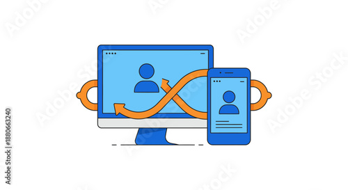 digital identity synchronization securely links user accounts between desktop computer and smartphone for seamless multi-device access.