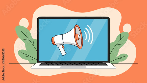 digital marketing promotion concept with laptop and megaphone illustrating online communication and news spreading for business advertising campaigns