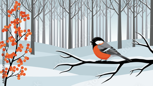 Charming vector illustration of a bullfinch perched on a snowy branch in a winter forest with berries