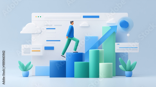 3d isometric business growth landing page hero asset, minimalist professional dashboard with rising bar chart and character, concept of financial success and data analysis