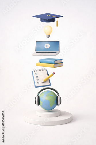 Online education and e learning concept with floating graduation cap, light bulb, laptop, books, checklist and globe with headphones symbolizing digital learning and global knowledge. Generative AI