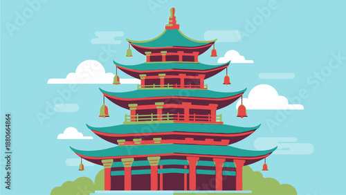 Vibrant Asian Style Pagoda Illustration