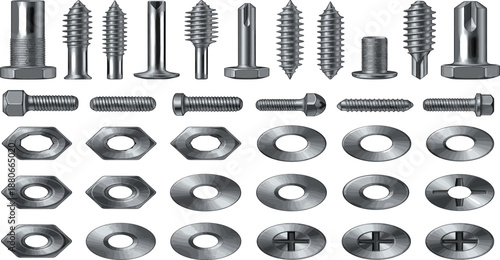 Title: Collection of Realistic Metallic Screws, Bolts, Steel Nuts, and Washers Set for Industrial Hardware Engineering, Construction Repairs, and DIY Tool Workshop Projects