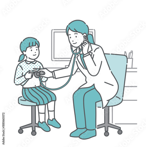 白衣を着た女性医師による女の子の聴診・診察のイラスト