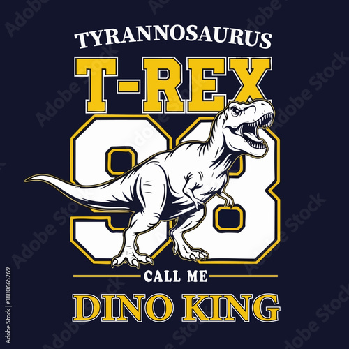 Vintage style tyrannosaurus rex graphic design featuring the words dino king and number ninety three on white background