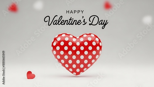 A large red heart with white polka dots sits on a white surface with a smaller heart nearby and text that says Happy Valentines Day