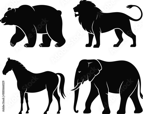 Wild animal silhouette collection vector illustration featuring bear, lion, horse, and elephant in black profile shapes for safari and nature themed designs