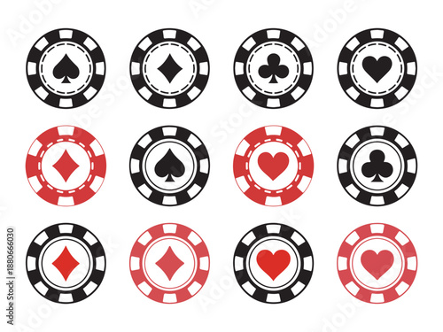 Poker chips black icons vector set. Isolated Casino poker chip logo. Poker symbols with spades, hearts, diamonds, clubs. Playing poker concept. Vector illustration.