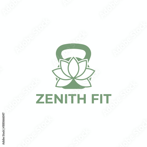 Minimalist kettlebell and lotus flower icon for holistic wellness and yoga fitness branding featuring the text ZENITH FIT in sage green.