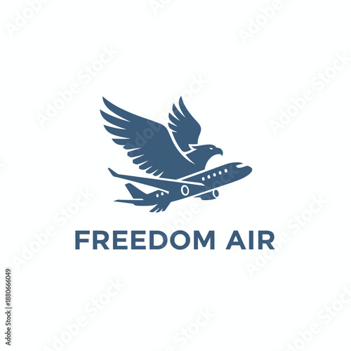 Eagle bird flying with an airplane silhouette icon for aviation and travel agency branding with the text FREEDOM AIR in navy blue.