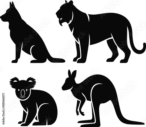 Wild animal silhouette set vector illustration featuring dog, lion, koala, and kangaroo in black profile shapes for wildlife, zoo, and nature designs