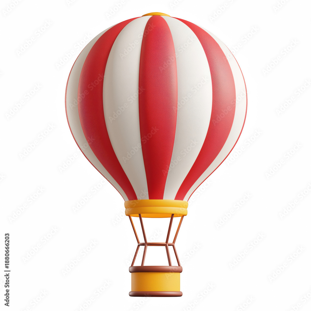 Obraz premium 3D cute cartoon hot air balloon with red and white stripes, travel adventure concept isolated on transparent background.