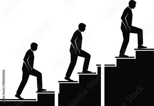 Business growth concept illustration, businessman climbing stairs silhouette, career progress success leadership motivation strategy isolated on white background vector