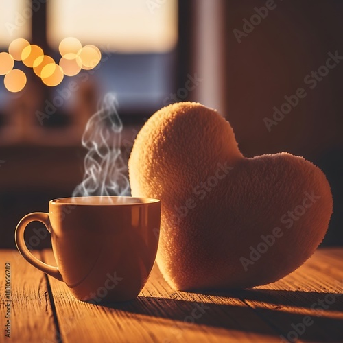 Warm cup of steaming coffee next to a soft heartshaped pillow on wooden table