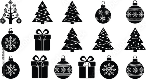 Christmas holiday icon set silhouettes, festive trees ornaments gifts, winter decoration symbols, black vector illustration isolated white background design collection