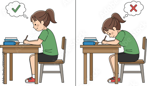Correct and incorrect sitting posture illustration, student writing at desk, healthy study position comparison, bad posture habits education concept graphic