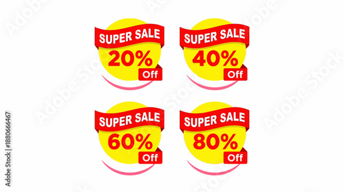 Set of four circular Super Sale discount badges displaying 20%, 40%, 60%, and 80% off on a white background.