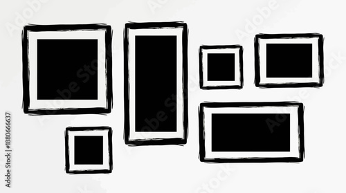 Abstract collage of black picture frames in various shapes and sizes on a white background, modern geometric wall art