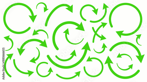 Abstract collage of green circular arrows in motion, a dynamic looping arrow design ideal for backgrounds and vector graphics.