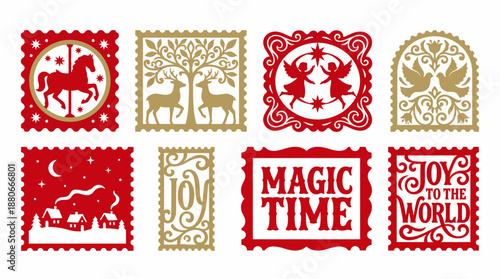 Decorative vintage stamp set with ornate red and gold frames featuring animals and Christmas holiday motifs
