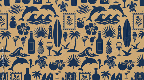 Blue tropical botanical pattern featuring palm leaves, pineapples and birds on a tan background, a seamless textile print for fabric, wallpaper, and home decor.