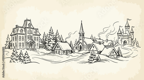 Winter village sketch with snow-covered houses, church spires, and pine trees in a vintage pen-and-ink illustration