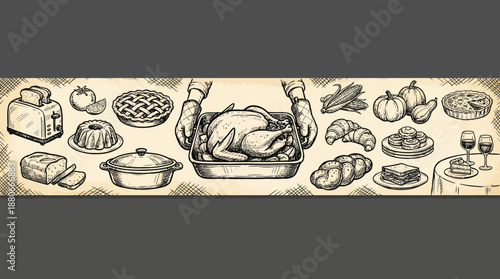 Hand-drawn still life illustration of a roasted turkey in a pan, surrounded by bread, cheese, pies, fruit, and wine in a vintage kitchen-scene.