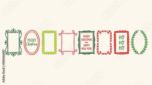 A horizontal sequence of ornate Christmas frames each featuring festive greetings like Merry Christmas and Ho Ho Ho in green and red, set against a light cream background.
