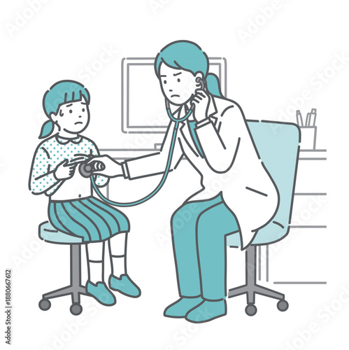聴診を受ける冷や汗をかいた女の子と深刻な表情の白衣の女性医師のイラスト