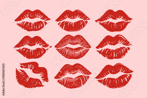 Set of red lipstick kiss prints in sketch style on soft pink background, expressing romance, affection, and Valentine's Day concept