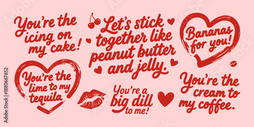 Handwritten romantic food-themed love quotes in red ink with hearts and kisses on pink background, concept of love and playful affection