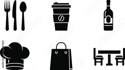 Restaurant dining and cafe icons set, cutlery coffee wine chef shopping table silhouettes, hospitality food service concept isolated vector illustration