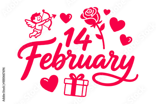 Red Valentine's Day illustration of Cupid, hearts, a rose, and gift box with 14 February in script on a white background, symbolizing love