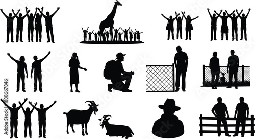Set of vector silhouettes, zoo visitors and animals, giraffe, goats, farmers, and happy groups of people, isolated illustration.