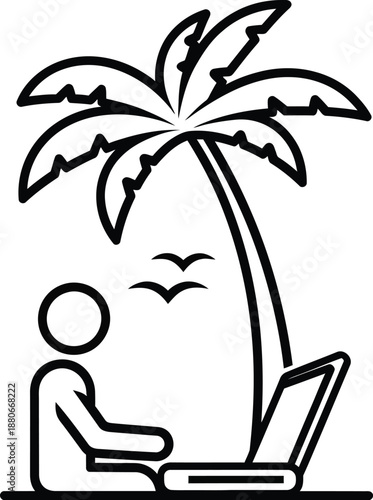 Person working on laptop under a palm tree, symbolizing remote tropical work