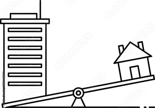 Skyscraper versus residential house on a seesaw depicting property value imbalance
