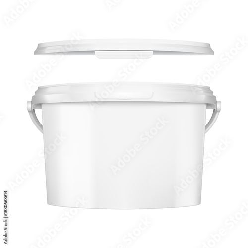 Blank white plastic bucket container mockup with open lid for packaging design, realistic 3D pail isolated for ice cream paint or food branding template.