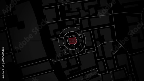 Futuristic map target detection. City map blueprint search animation. GPS tracking interface. High-tech search and locate concept. HUD motion graphics.