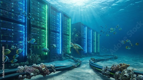Underwater Data Center with Server Racks and Marine Life in Deep Blue Ocean