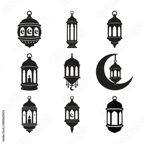 Set of black silhouettes of ramadan lantern vector png.