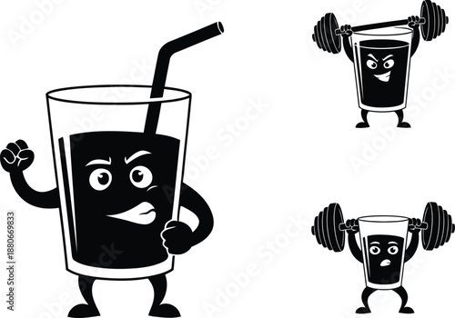 Strong cartoon soda glass mascot vector illustration set lifting gym barbell with muscle arms for energy beverage branding icon design.