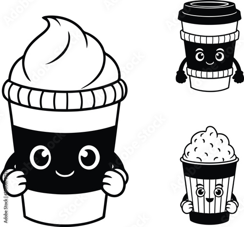 Cute cartoon frappe cup mascot vector illustration with whipped cream topping and happy face for cafe beverage branding design.
