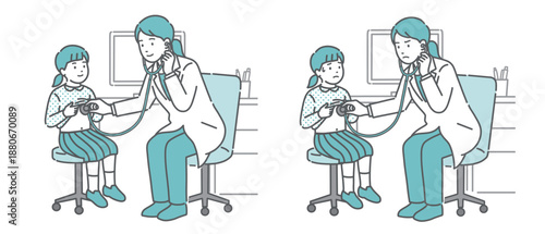 白衣の女性医師による女の子の聴診イラストセット（正常・異常/体調不良）