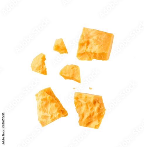 cheddar cheese cubes isolated on a white background, top view.
