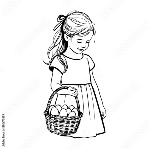 Dibujo de una niña de pie sosteniendo en la mano una cesta llena de huevos de pascua, buscando dulces