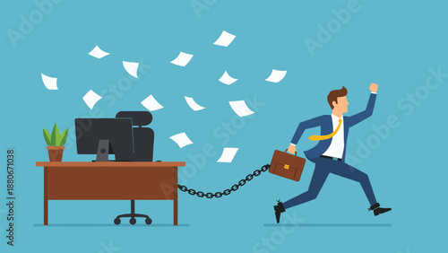 Career freedom and office escape vector illustration, businessman breaking chains from desk job, quitting corporate life, work life balance concept