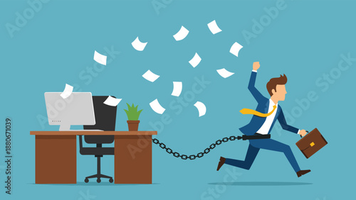 Business freedom concept vector illustration, office worker breaking chains and escaping desk job, career change, work life balance, flat modern design